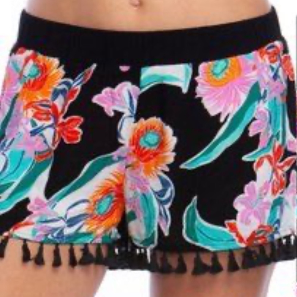 Trina Turk Beach Cover Up Shorts Black Tropical Print Tassels XS B